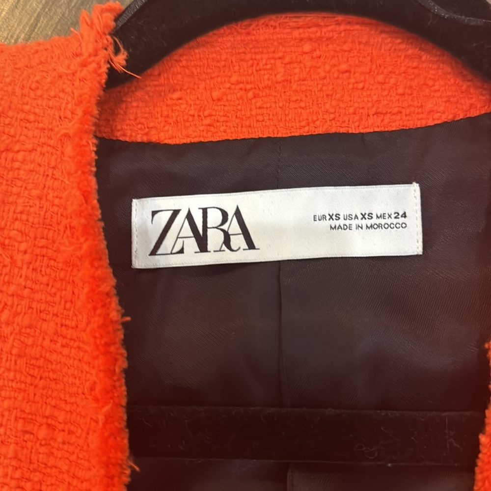 Zara Bright Orange Red Tweed Diamond Button Blazer - Picture 13 of 15